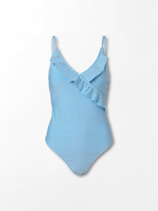 Becksöndergaard, Striba Bly Frill Swimsuit - Azure Blue, archive, archive, sale